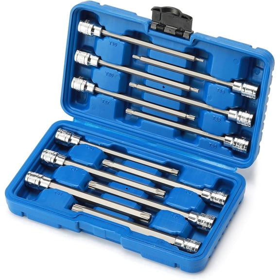 CASOMAN 12-Piece 3/8-Inch Drive Extra Long Torx Bit Socket Set, T10-T60, 150mm Length, S2 Steel Bits and CR-V Sockets