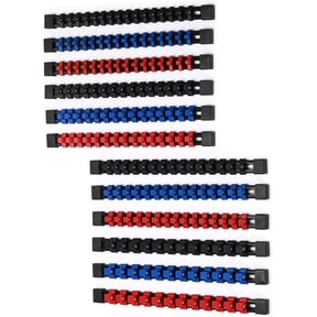 CASOMAN 12-Piece ABS Socket Organizer Set, Socket Holder Rail with 174 Clips, 1/4" 3/8" 1/2" Drive, Blue Red Black for Tool Box & Drawer Storage