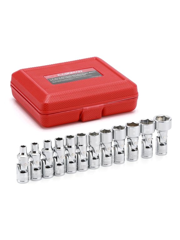 12PCS 1/4" Drive Universal Flex Socket Set, Metric, 5mm to 15mm, 6-Point, CR-V, Swivel Head, 360 Degree Access