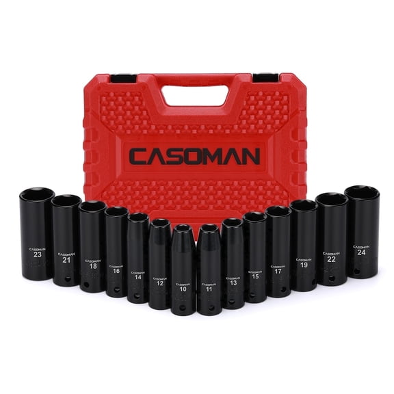 CASOMAN 14-Piece 1/2" Drive Deep Impact Socket Set, 6-Point, Metric, Cr-V Steel, 10mm-24mm