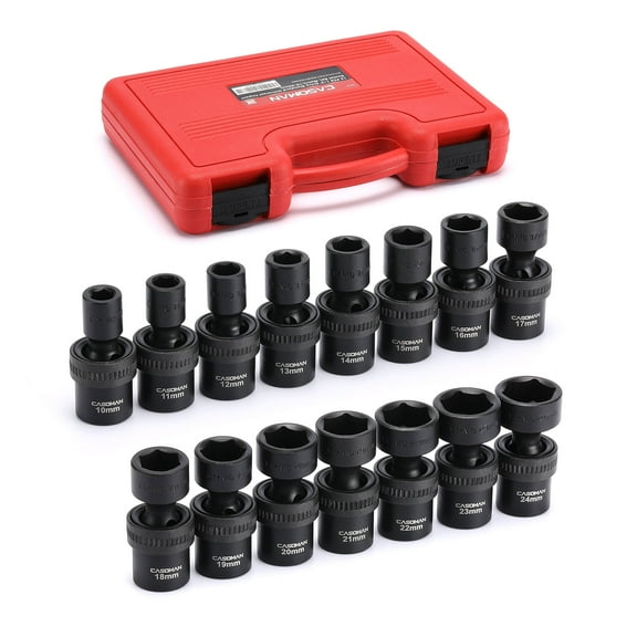 CASOMAN 15 Pcs 1/2" Drive Shallow Universal Impact Socket Set, 6 Point, Metric, 10-24mm