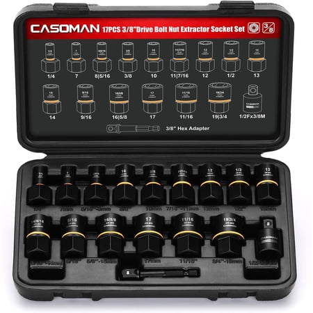 CASOMAN 17-Piece 3/8" Drive Bolt Impact Extraction Socket Set, Stripped for Damaged Rusted Frozen Studs Rounded Bolts, Nuts & Screws, CR-MO