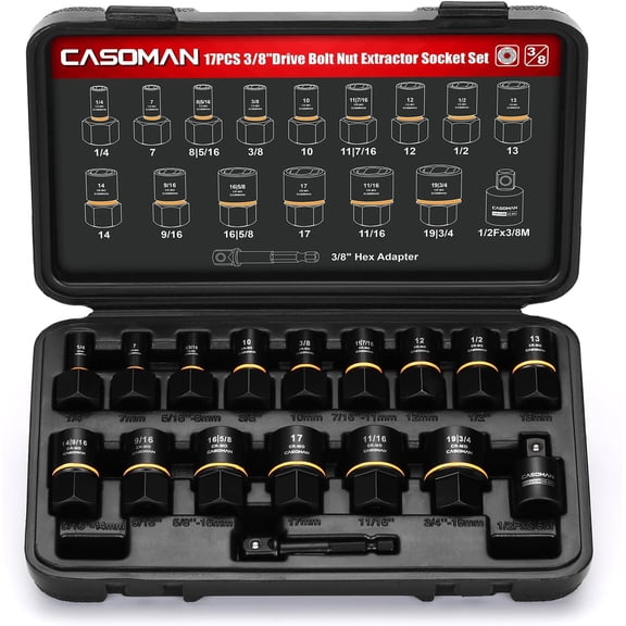 CASOMAN 17-Piece 3/8" Drive Bolt Impact Extraction Socket Set, Stripped for Damaged Rusted Frozen Studs Rounded Bolts, Nuts & Screws, CR-MO