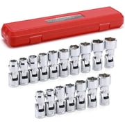 CASOMAN 17-Piece 3/8" Drive Universal Flex Socket Set, Sae and Metric, 6-Point, CR-V Steel, Chrome Finish, 360-Degree Swivel Head