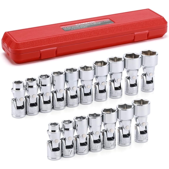 CASOMAN 17-Piece 3/8" Drive Universal Flex Socket Set, Sae and Metric, 6-Point, CR-V Steel, Chrome Finish, 360-Degree Swivel Head