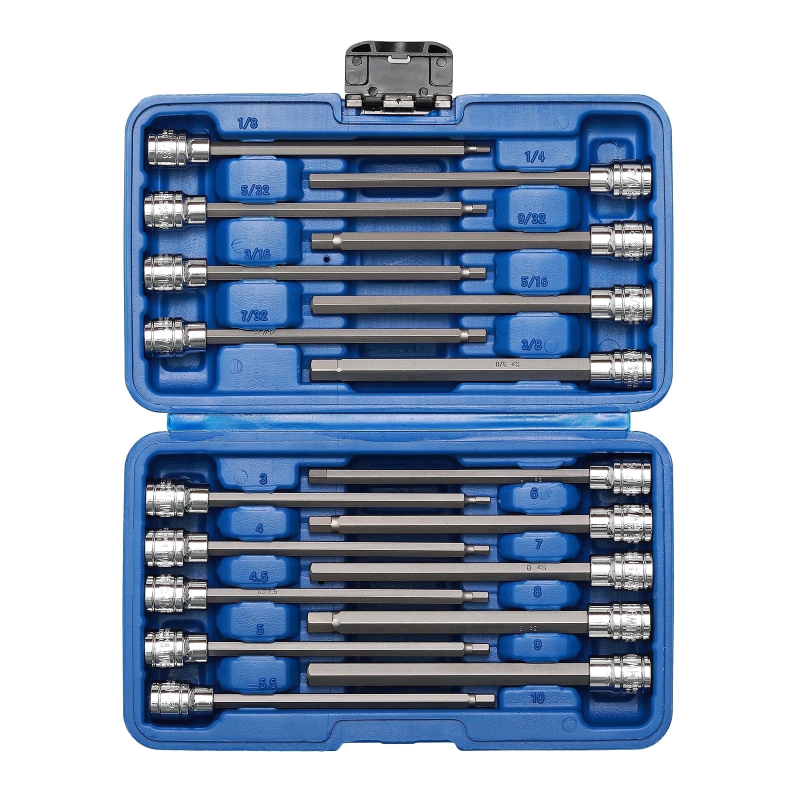 18-Piece 3/8 inch Drive Long Hex Bit Socket Set, 1/8 "- 3/8 ", 3mm - 10mm, SAE & Metric, Extra Long Allen Hex Bit Socket Set, CR-V and S2 Steel