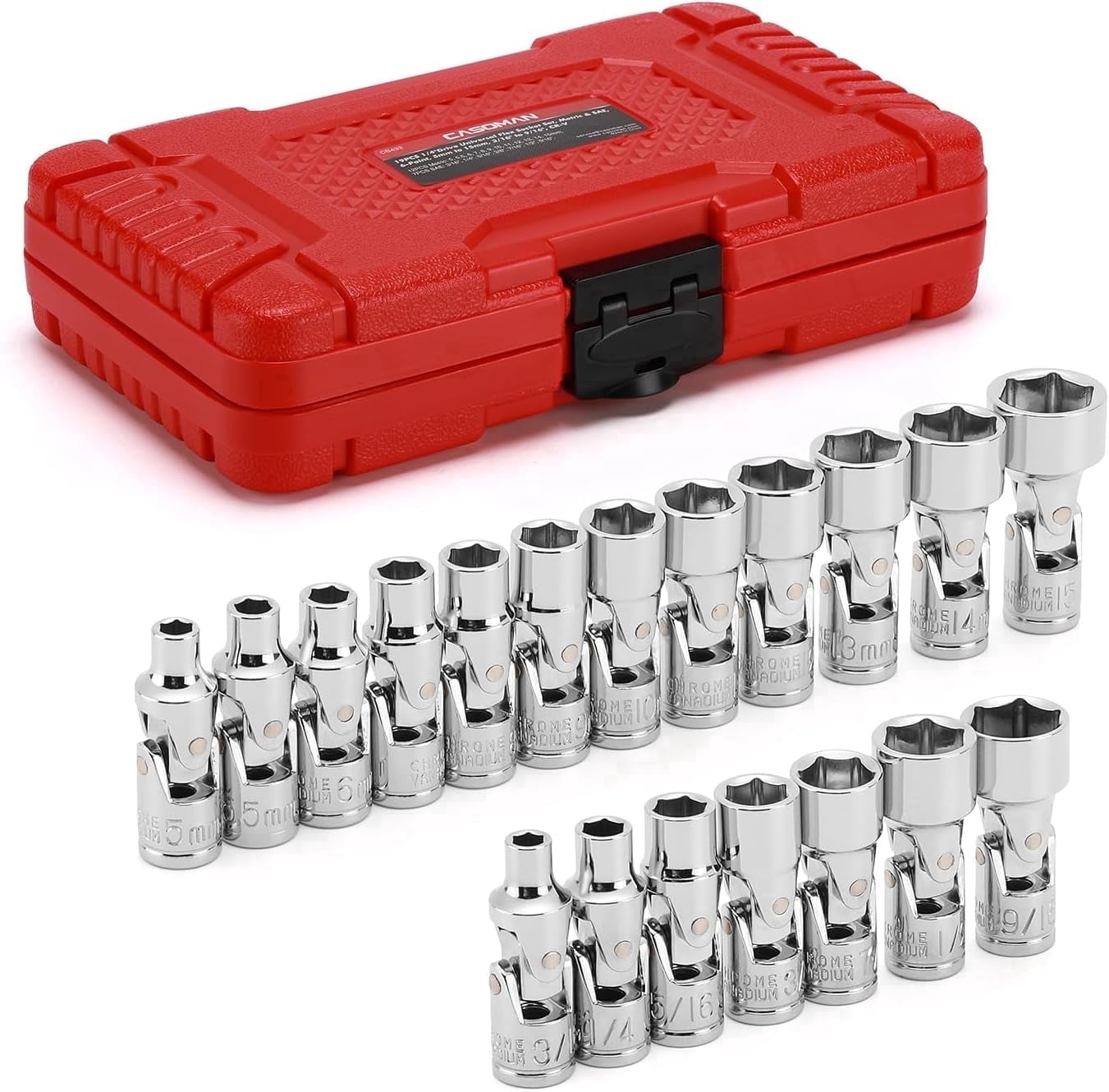19PCS 1/4" Drive Universal Joint Socket Set, Metric(5mm to 15mm) & SAE(3/16" to 9/16"), Flexible Wobble Sockets for Easier Access to Tight Spaces, 6-Point, Cr-V