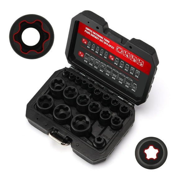 CASOMAN 19PCS External Torx Plus Socket Set, 6 Point EP Socket EP4-EP32 with 1/2'', 3/8'' & 1/4'' Dr, 5 Point EP Socket 1/2'' Dr. EP8.8 Compatible with Tesla, Cr-V Steel