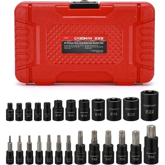 CASOMAN 25 Piece Torx Bit Socket and External Socket Set, 13 Star Socket Bits (T8- T60)& 12 Female E-Torx Sockets (E4-E22)