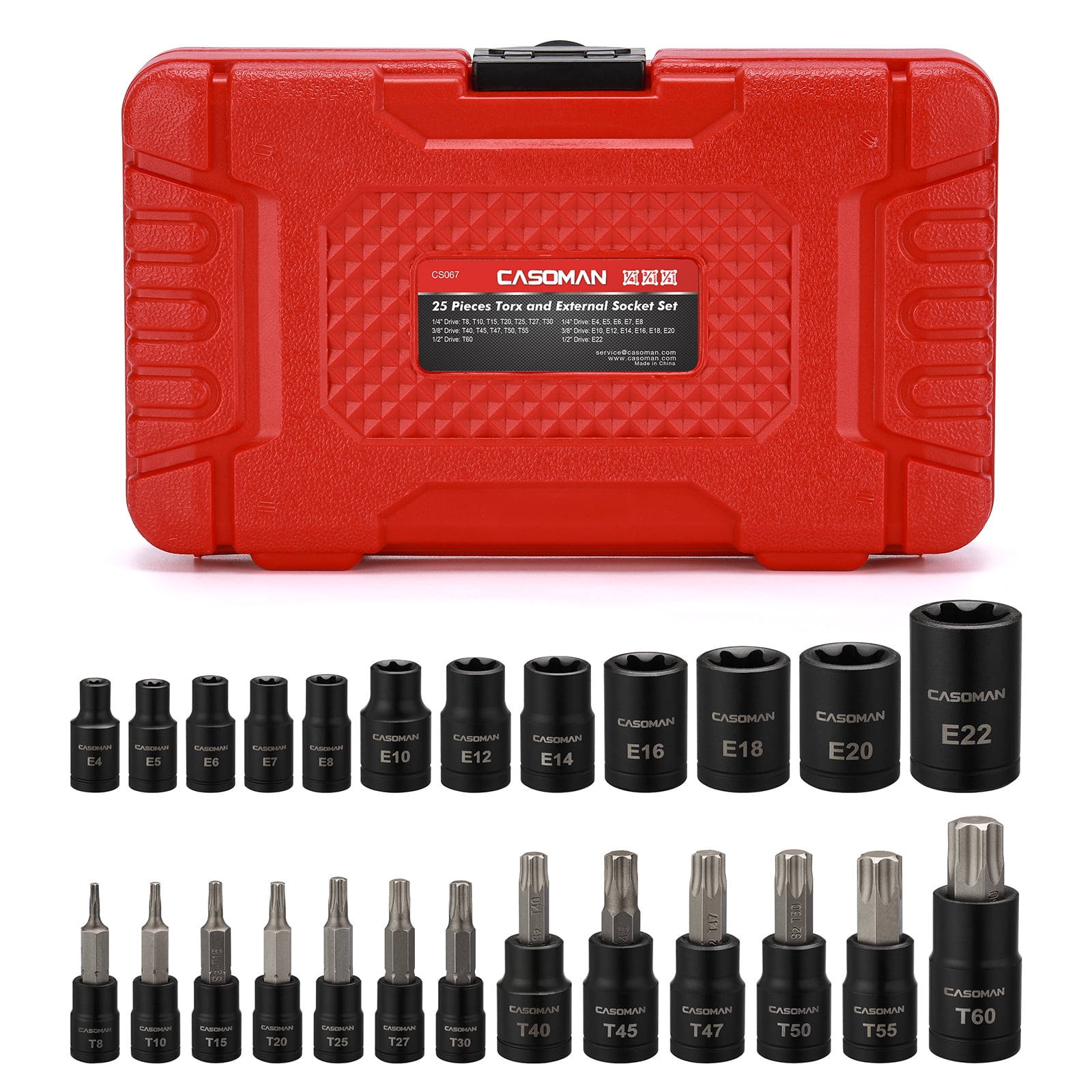 CASOMAN 25 Piece Torx Bit Socket and External Socket Set, T8-T60 and E4 ...