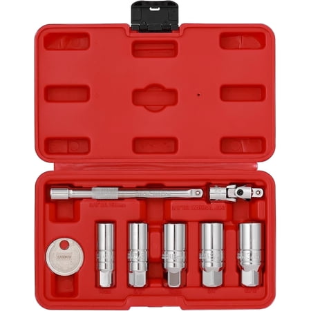 CASOMAN 3/8" Dr. Spark Plug Socket Set, 6-Point, Include 6-Inch Extension Bar, Unviersal Joint & Spark Plug Gapper, 8Piece Set, CR-V Steel