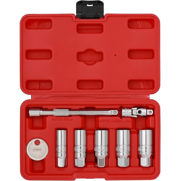 3/8" Dr. Spark Plug Socket Set, 6-Point, Include 6-Inch Extension Bar, Unviersal Joint & Spark Plug Gapper, 8Piece Set, CR-V Steel