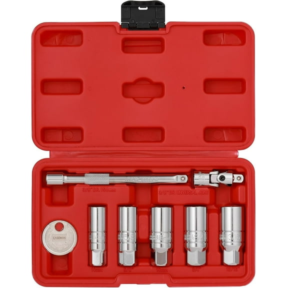 CASOMAN 3/8" Dr. Spark Plug Socket Set, 6-Point, Include 6-Inch Extension Bar, Unviersal Joint & Spark Plug Gapper, 8Piece Set, CR-V Steel