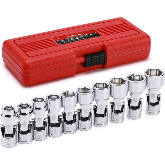 CASOMAN 3/8" Drive Universal Joint Socket Set- 10 Piece Flex Socket Set, 6-Point, Cr-V, Metric, 10-19mm