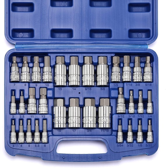 CASOMAN 33 Piece Master Hex Bit Socket Set, S2 Steel, SAE And Metric, Allen Socket Bit, 5/64-inch to 3/4-inch, 2mm to 19mm Socket Tool Kit