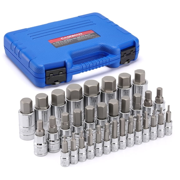 CASOMAN 33-Piece Master Hex Bit Socket Set, SAE and Metric, S2 Steel and Chrome Vanadium, 1/4", 3/8", and 1/2"Drive, Chrome Finish