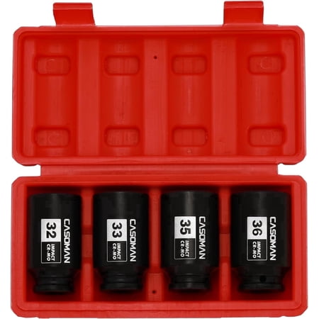 CASOMAN 4-Piece 1/2" Drive Deep Axle Nut Impact Socket Set, 6-Point Metric, CR-MO Steel, 32mm-36mm