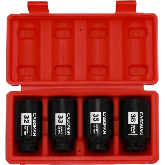 CASOMAN 4-Piece 1/2-Inch Drive Deep Axle Nut Impact Socket Set, 6-Point, 32mm, 33mm, 35mm, 36mm, CR-MO Steel, Black Phosphate Finish