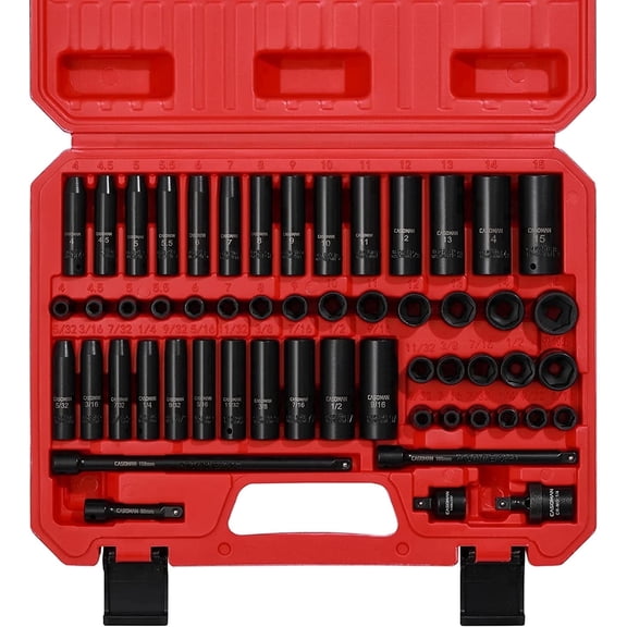 CASOMAN 55-Piece 1/4" Drive Impact Socket Set, Shallow & Deep, SAE & Metric, 6 Point, Chrome Vanadium Steel, Black Phosphate Finish