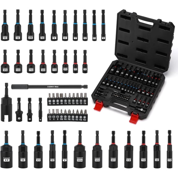 CASOMAN 55-Piece Magnetic Nut Driver Set for Impact Drill, Deep & Shallow, Metric & SAE, Includes Screwdriver Bits, Bit Extension Bar, Socket Adapters & Wing Nut Driver