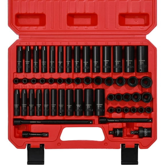 CASOMAN 55PCS 1/4-Inch Drive Impact Socket Set, Shallow & Deep, 5/32 Inch - 9/16 Inch, 4mm - 15mm, Metric/SAE, 6-Point, Cr-V Steel Socket Set