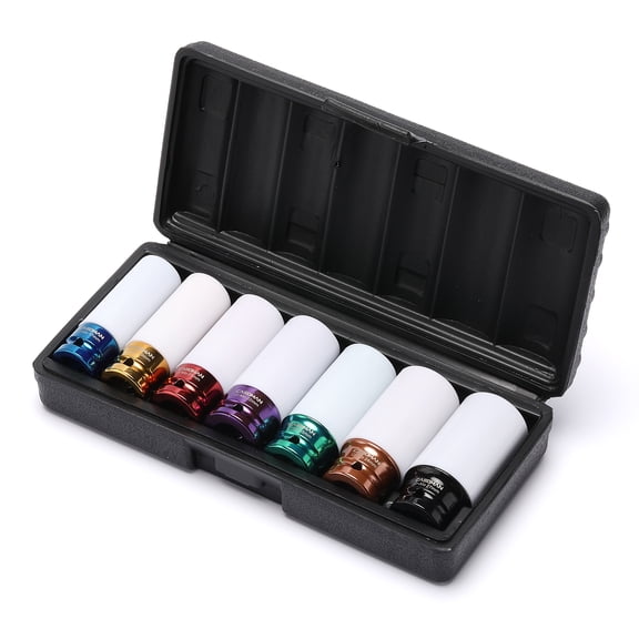 CASOMAN 7-Piece 1/2" Drive Wheel Protector Impact Socket Set, 6-Point Metric Thin Wall Sockets 17mm-27mm, CR-MO Steel, Color Coded Non-Marring Nylon Sleeve