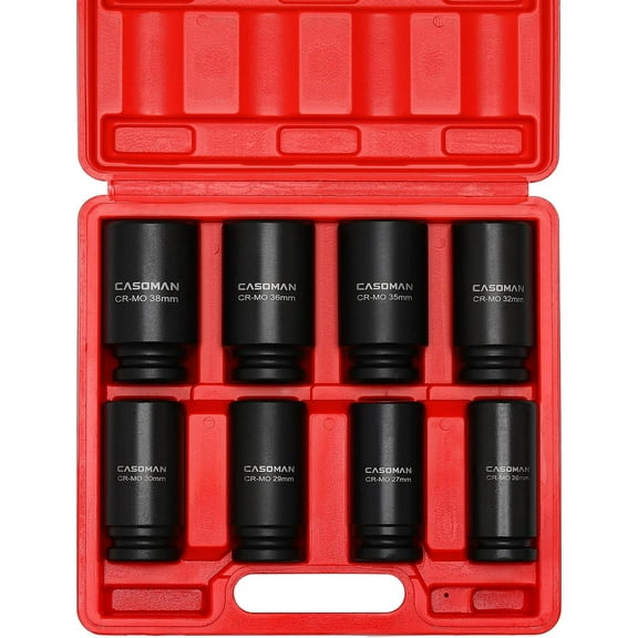 CASOMAN 8 Pieces 3/4 inch Drive Deep Impact Socket Set, Cr-Mo, Metric, 6-Point, 26mm to 38mm, Radius Corner Design, 3/4" Dr. Heavy Duty Impact Socket Set.
