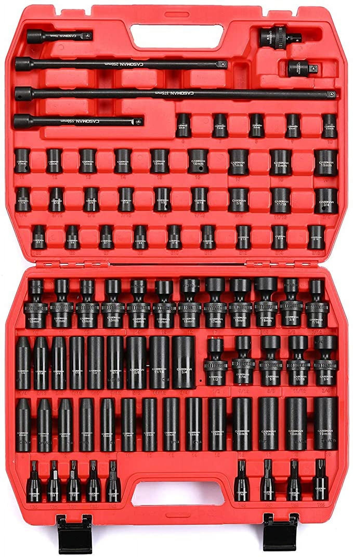 CASOMAN 87 Pcs 3/8" Drive Master Impact Socket Set, SAE&Metric Standard,Deep,Swivel Sockets,Cr-MO Steel, Includes Star and Inverted Star Socket, Imapct Universal Joint, Extension Bars