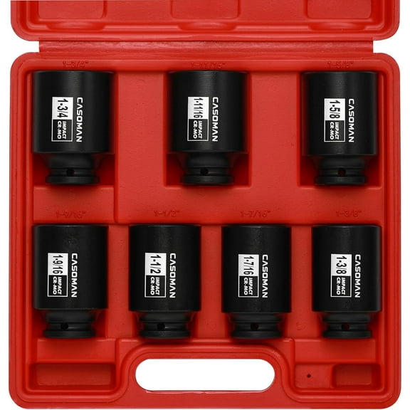 CASOMAN Auto Repair Tools 1/2-inch Drive Deep Spindle Axle Nut Impact Socket Set, Cr-Mo, 6-Point, 1-3/8-inch - 1-3/4-inch, 7 Piece Axle Socket Set