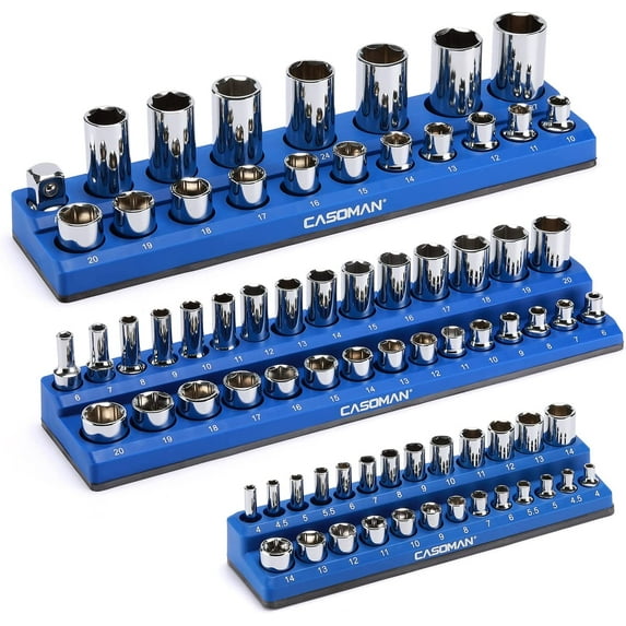 CASOMAN Magnetic Socket Organizer, 3 Piece Socket Holder Kit, 1/2-inch, 3/8-inch, 1/4-inch Drive, Holds 75 Metric Sockets, Blue Color, Professional Quality Tools Organizer