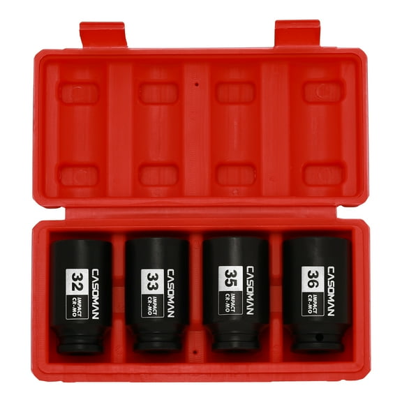 CASOMAN PRO  1/2'' Drive Deep Spindle Axle Nut Impact Socket Set, 6 Point, CR-MO,32,33,35,36mm, 4PC 1/2-Inch Impact Socket Set, Heavy Duty Use In Removing And Installing Axle Nuts