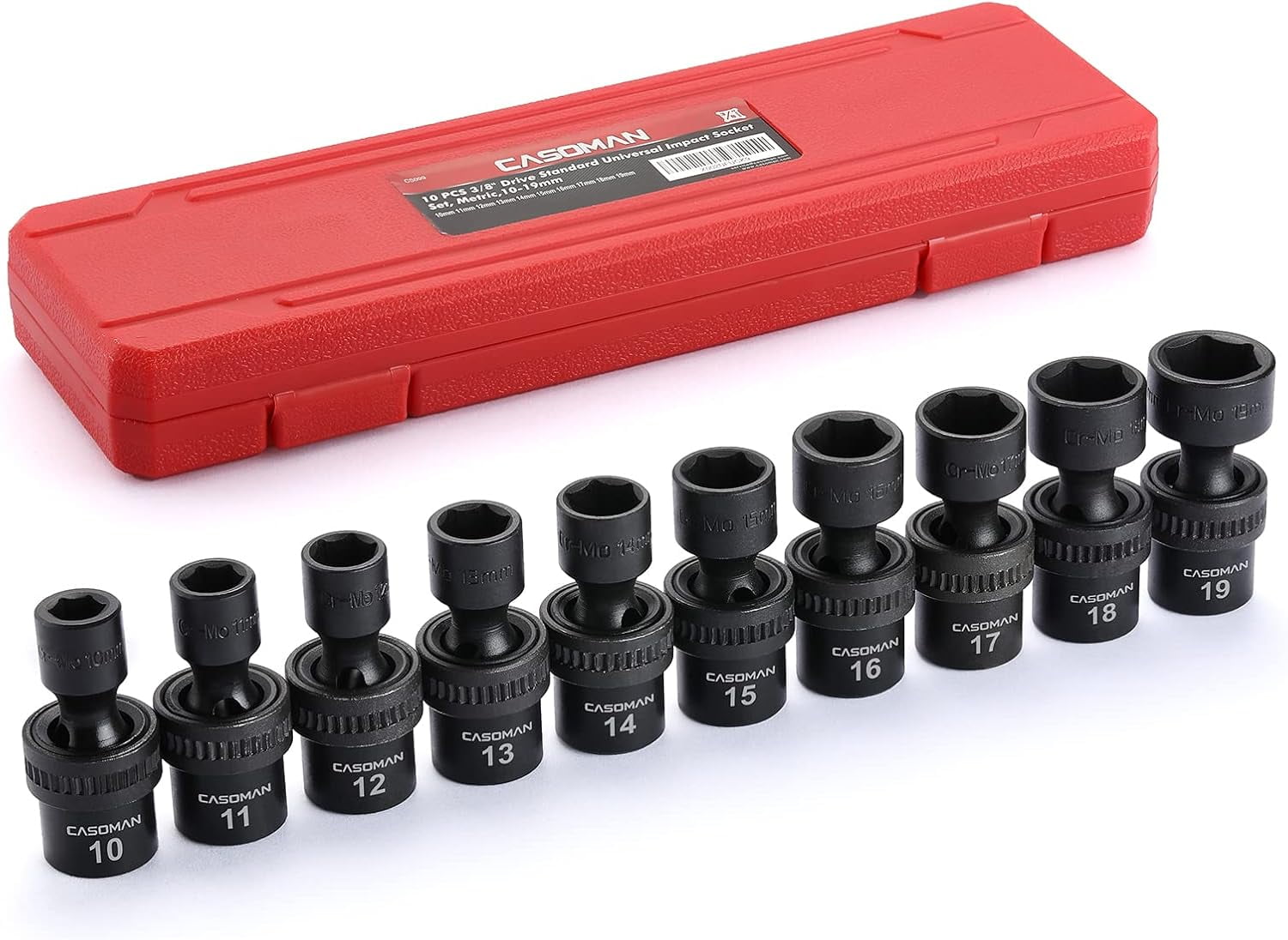 CASOMAN PRO 10 PCS 3/8" Drive Standard Universal Impact Socket Set, 6 Point, CR-MO, Metric,10-19mm