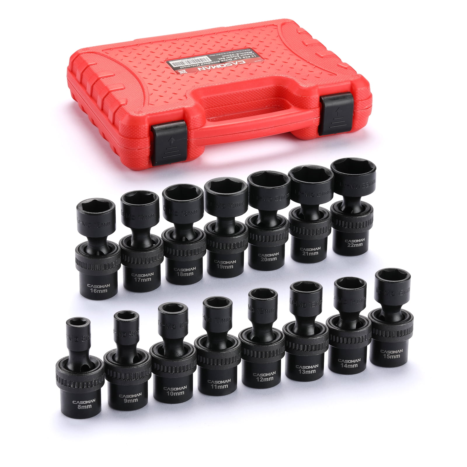 CASOMAN PRO 15 PCS 3/8" Drive Standard Universal Impact Socket Set, 6-Point, Metric, 8mm - 22mm
