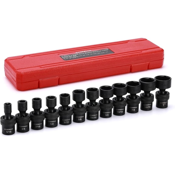CASOMAN 12 Pieces 3/8-Inch Drive Shallow Universal Impact Socket Set, SAE, 5/16"-1", CR-MO, Swivel Socket
