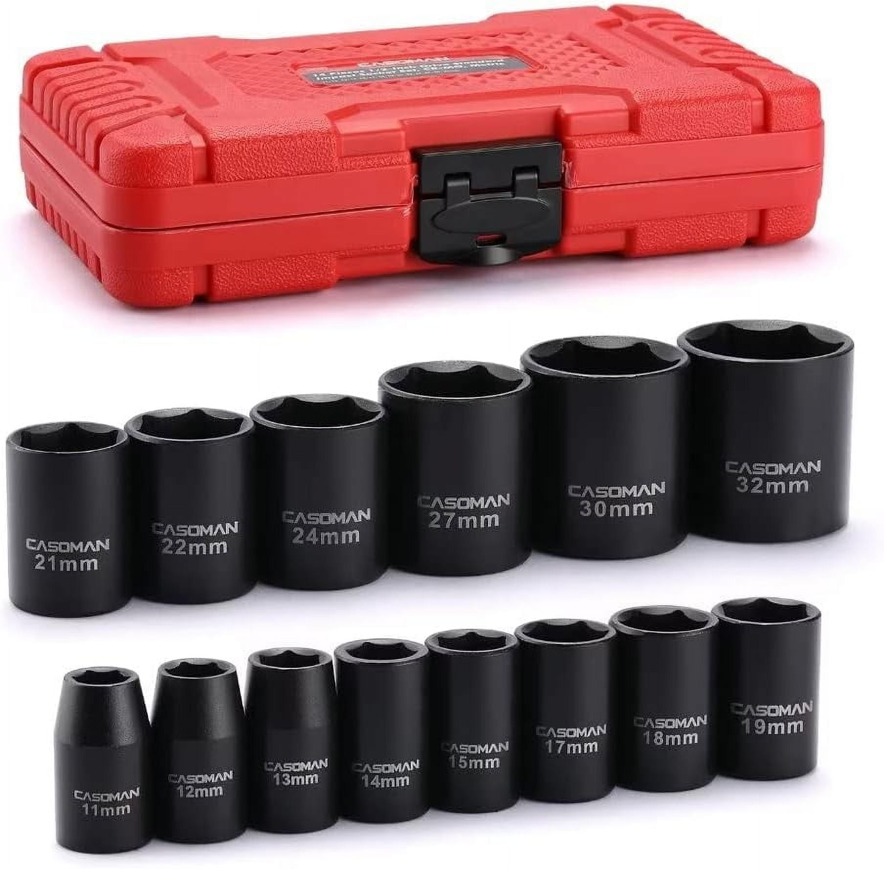 CASOMAN Pro 14 Pieces 1/2-Inch Drive Shallow Impact Socket Set, Metric, 6-Point, 11mm to 32mm