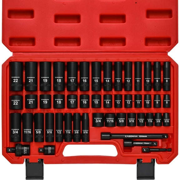 CASOMAN Pro 3/8" Drive Impact Socket Set, 49 Piece Standard SAE and Metric Sizes (5/16-Inch to 3/4-Inch and 8-22 mm), 6 Point, Cr-V Steel Socket Set