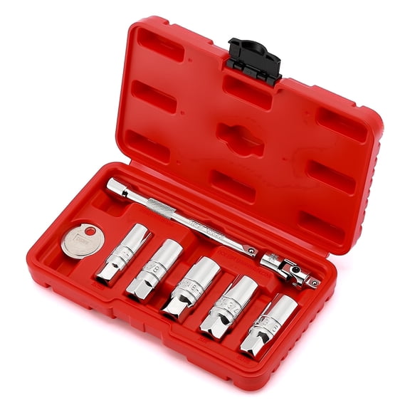 CASOMAN 8-Piece 3/8" Drive Spark Plug Socket Set, 6 Point, CR-V Steel, With Extension Bar, Universal Joint & Spark Plug Gap Tool