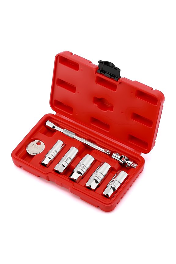 8-Piece 3/8" Drive Spark Plug Socket Set, 6-Point with Extension Bar, Universal Joint & Gap Tool, CR-V Steel