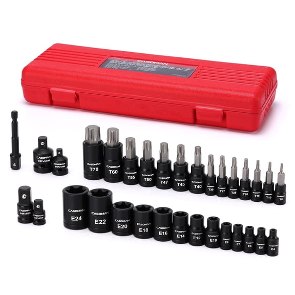 CASOMAN 32-Piece Torx & E-Torx Bit Socket Set, T8–T70 Star Bits & E4–E24 External Sockets, with Impact Adapters, CR-V & S2 Steel, Storage Case