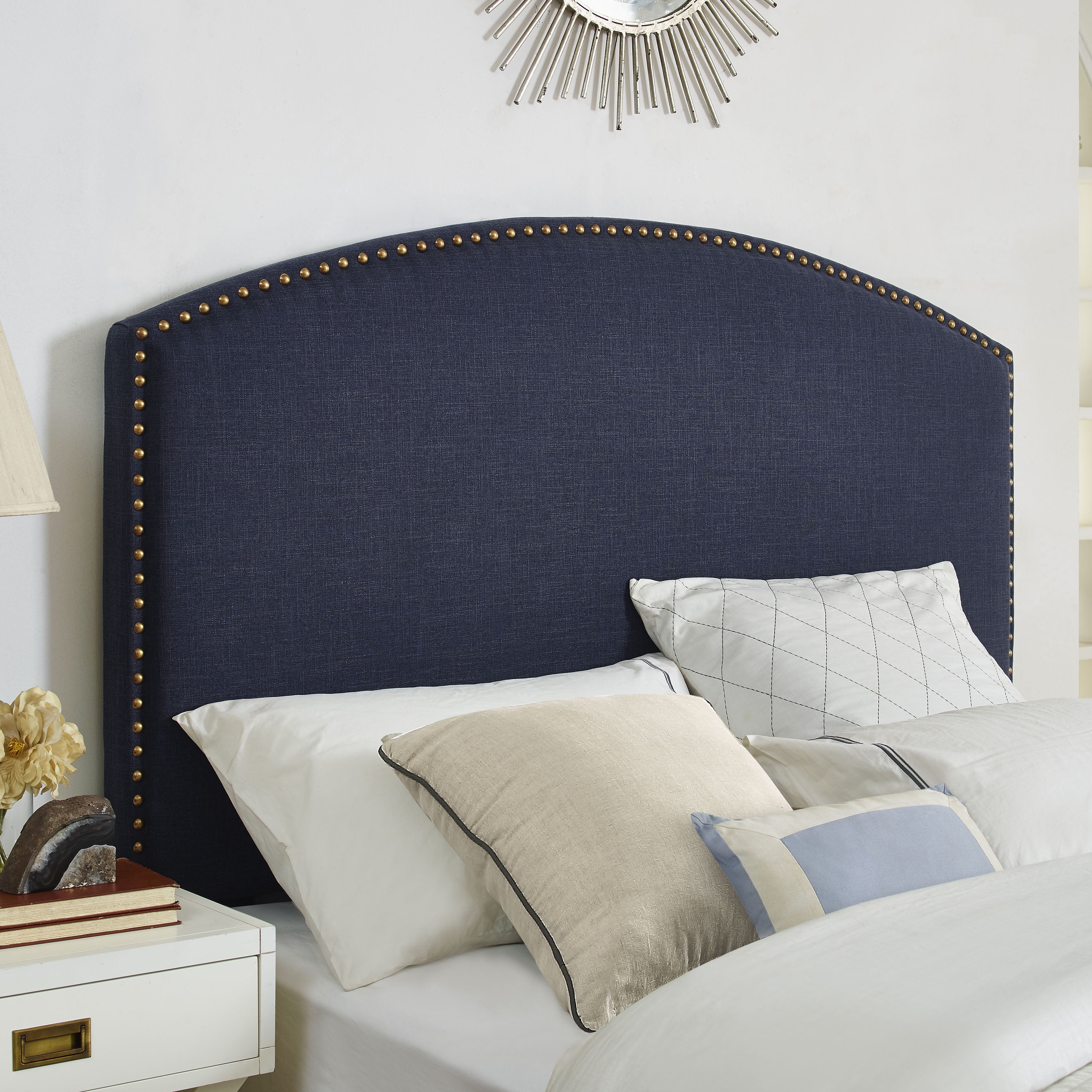 CASSIE CURVED UPHOLSTERED FULL/QUEEN HEADBOARD IN NAVY LINEN