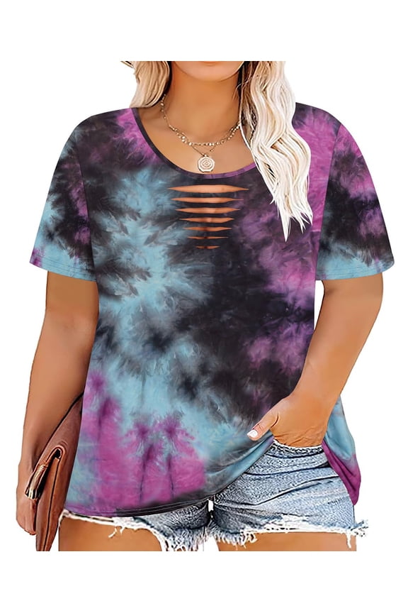 Womens Tops Plus Size 3X Casual Blouses Crewneck Purple Teal Tie Dye Short Sleeve Cutout Curvy Hem Loose Fit Shirts Tunics 3XL 22W 24W