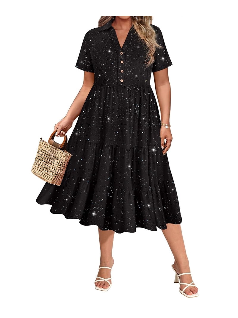 CASSIE LIZ Plus Size Dresses 2X Summer Midi Womens Black Glitter Shirt  Dresses Short Sleeve Collared V Neck Loose Fit Sun Dresses with Pocket 2XL  18W 20W - Walmart.com