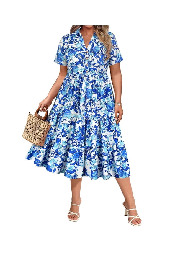 Plus Size Dresses 2X Summer Midi Womens Boho Shirt Dresses Floral Blue Short Sleeve Collared V Neck Loose Fit Easter Sun Dresses with Pocket 2XL 18W 20W