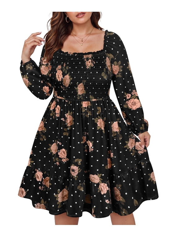 Plus Size Dresses 2X for Women Black Floral with Polka Dots Long Sleeve Dress with Balloon Sleeves Square Neck Smocked Bodice A-Line Midi Dress with Pockets Size 2XL