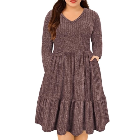 CASSIE LIZ Dresses for Women Plus Size 2X Casual Brown Fall Sweater Dresses Fashion Midi Elastic Waist Dresses Long Sleeve Elegant V Neck Loose Fit Winter Dress with Pocket 2XL 18W 20W
