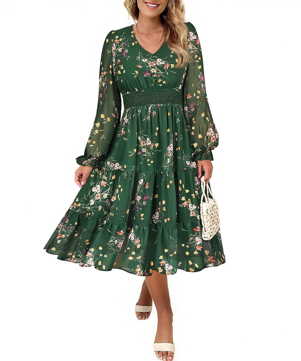 CASSIE LIZ Dresses for Women Plus Size 2X Casual Green Floral Fall  Sundresses Fashion Midi Elastic Waist Dresses Long Sleeve Elegant V Neck  Loose Fit Winter Dress With Pocket 2XL 18W 20W -