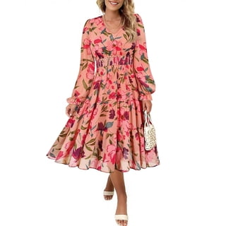 CASSIE LIZ Plus Size Dresses 2X for Women Pink Floral Long Sleeve Dress V Neck Smocked Waist Tiered A Line Midi Dress with Pockets Size 2XL