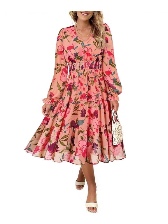 Plus Size Dresses 2X for Women Pink Floral Long Sleeve Dress V Neck Smocked Waist Tiered A Line Midi Dress with Pockets Size 2XL
