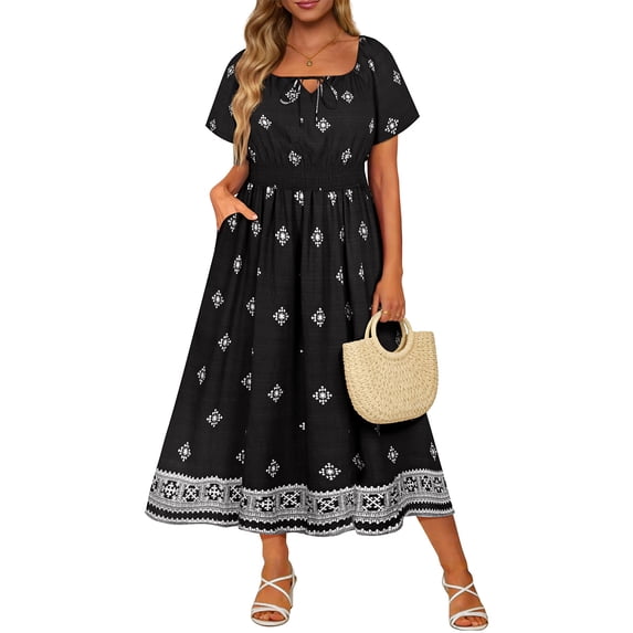 CASSIE LIZ Dresses for Women Summer Midi Womens Boho Short Sleeve Scoop Neck Loose Fit Sun Dresses with Pocket Floral/Tropical/Solid (XL-5XL)