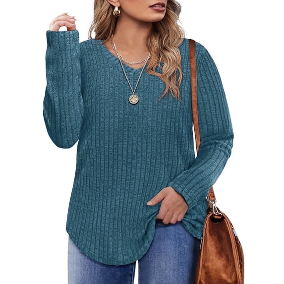 CASSIE LIZ Fall Tops For Womens Plus Size 4X Long Sleeve Casual V Neck Lightweight Blue Sweatshirts Pullover Trendy Tunics Sweaters Winter 4XL 24W 26W